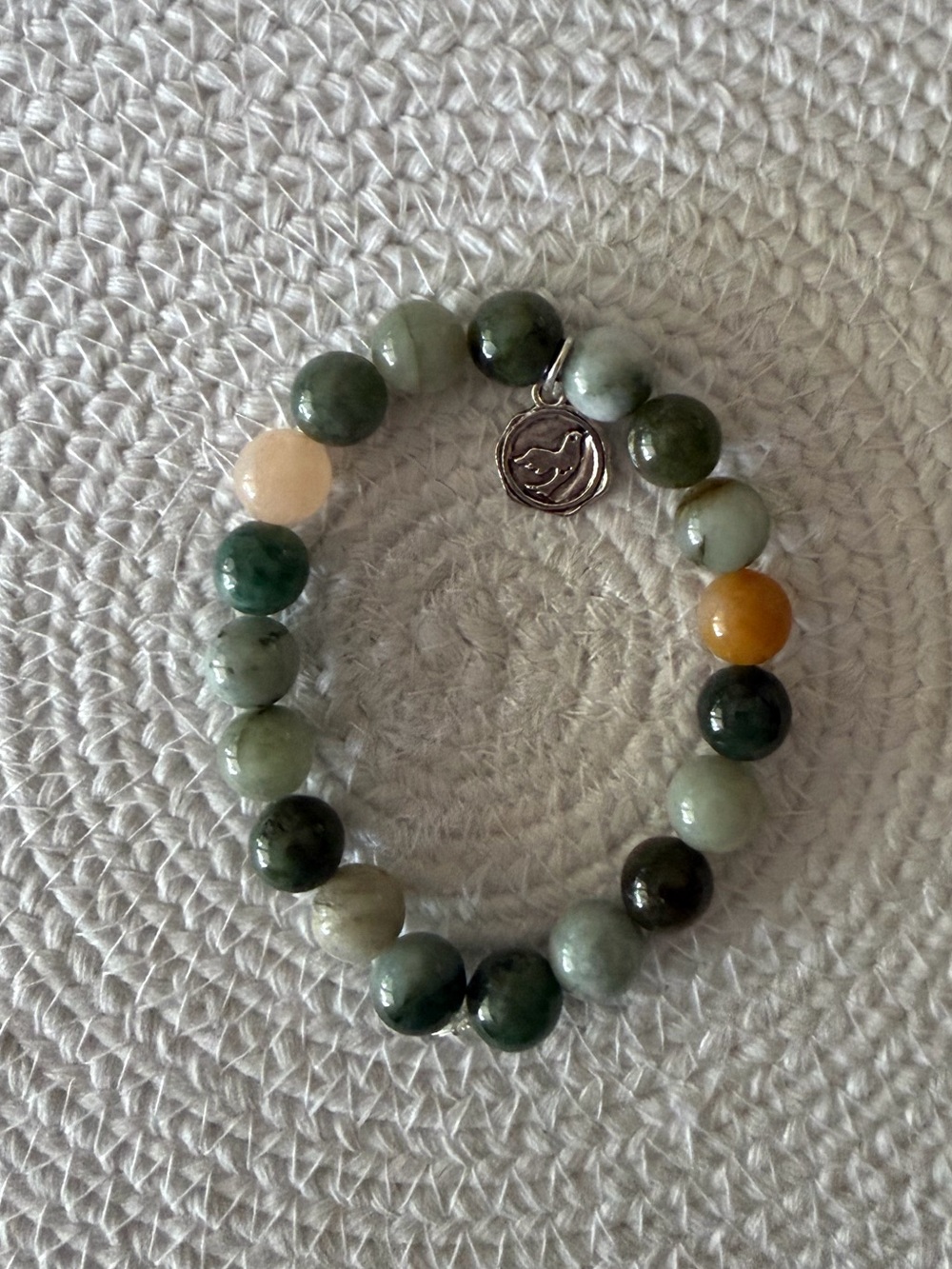 Genuine Green Jade Gemstone Stretch Beaded Bracelet w/ Dove Charm | Boho | Earth